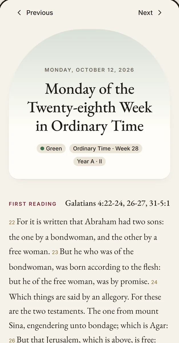 The Today screen, showing the liturgical day and the first reading